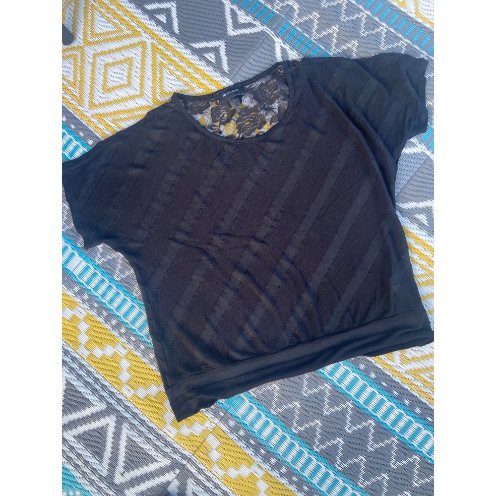 212 Studio Womens Black Lace Back Ribbed Knit Short Sleeve Top XL